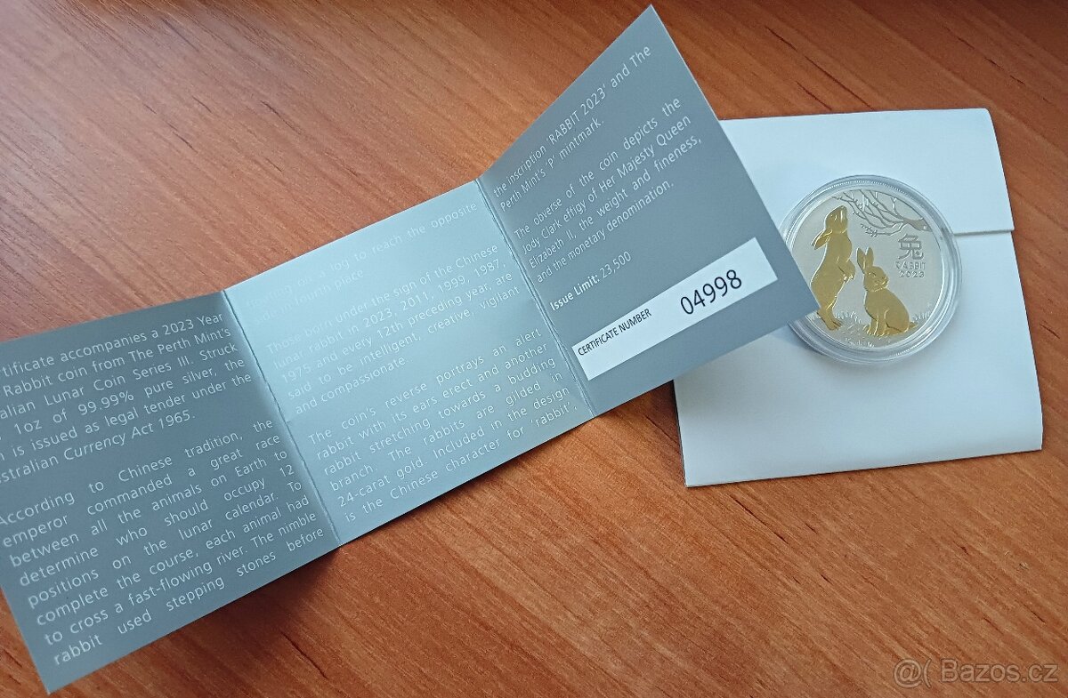 Stříbná mince Lunar III 1 oz (rok 2023 králík pozlacená) - 4