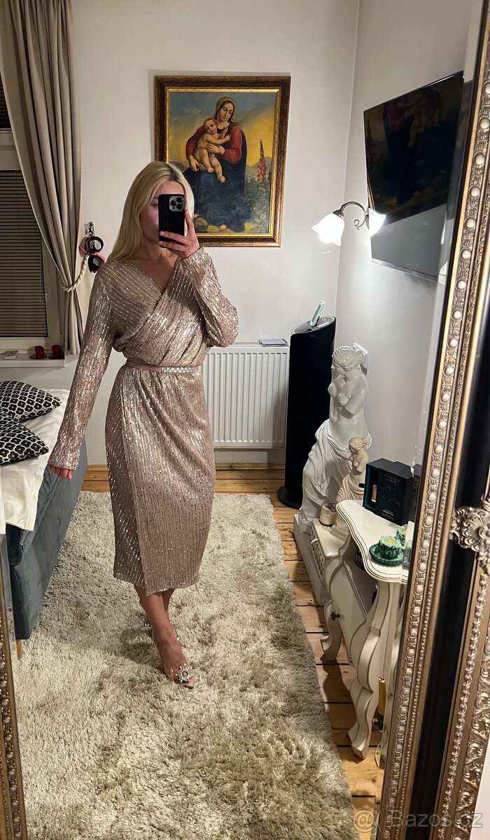 Pudrové midi šaty zn. Lilium s flitry - 4