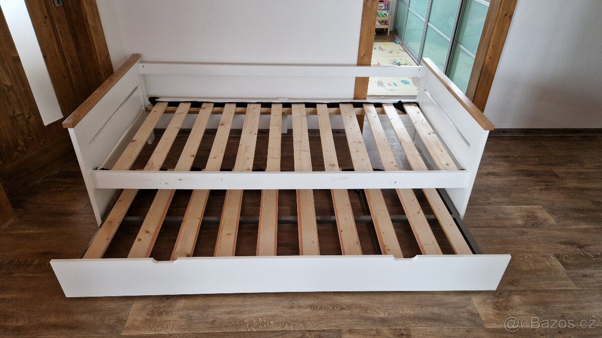 Postel 2v1 – výsuvné dvojlůžko, bílo-dřevěná, 190×180 - 4