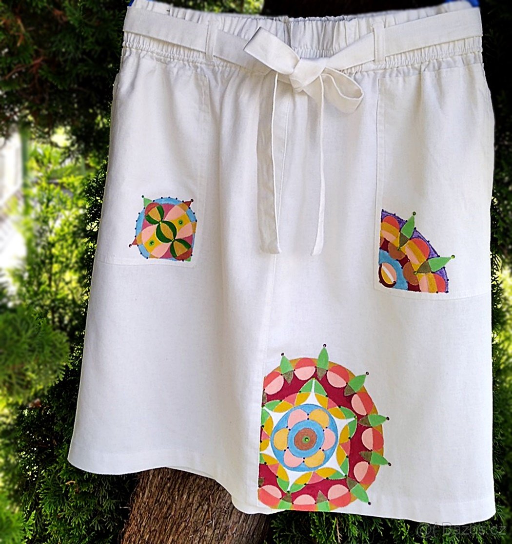 Nová lněná sukně s ruční malbou - 4