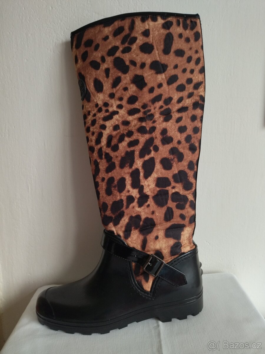 Kozačky holínky černé + leopardí vzor, vel. 37/38 - 4