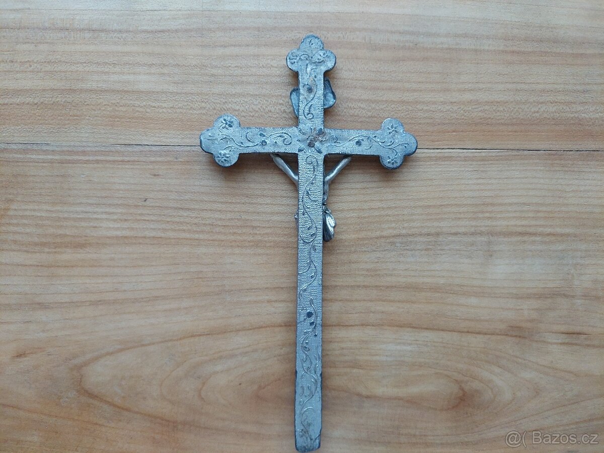 Starožitný krucifix, retro kovový křížek Ježíš INRI - SLEVA - 4