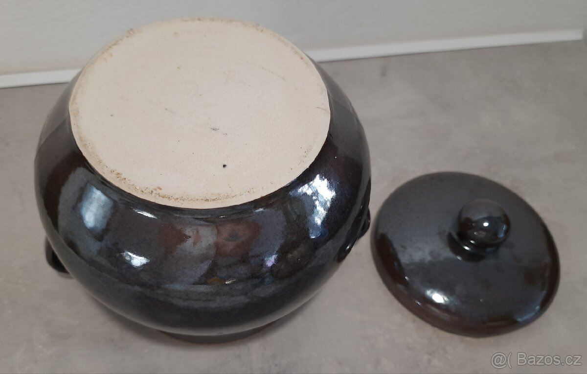 Keramická dóza na sádlo s ušima a pokličkou - sádlák - 4