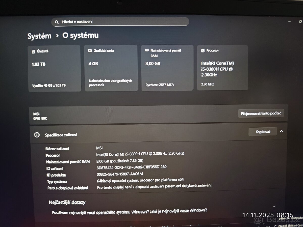 Herní notebook MSI GF63 Thin,Intel Core i5-8300H,NVIDIA - 4