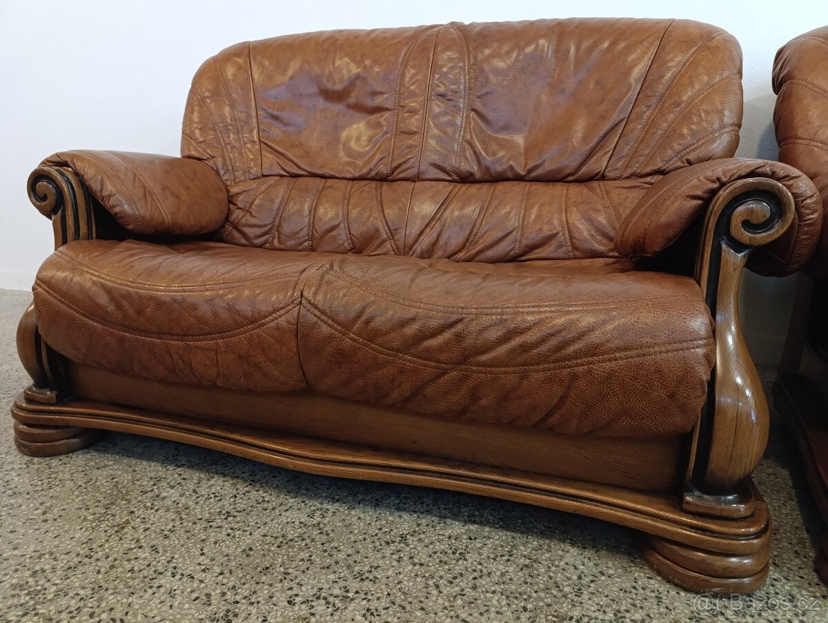 Kožená sedací souprava 3 + 2 + 1, nábytek z masívu - 4