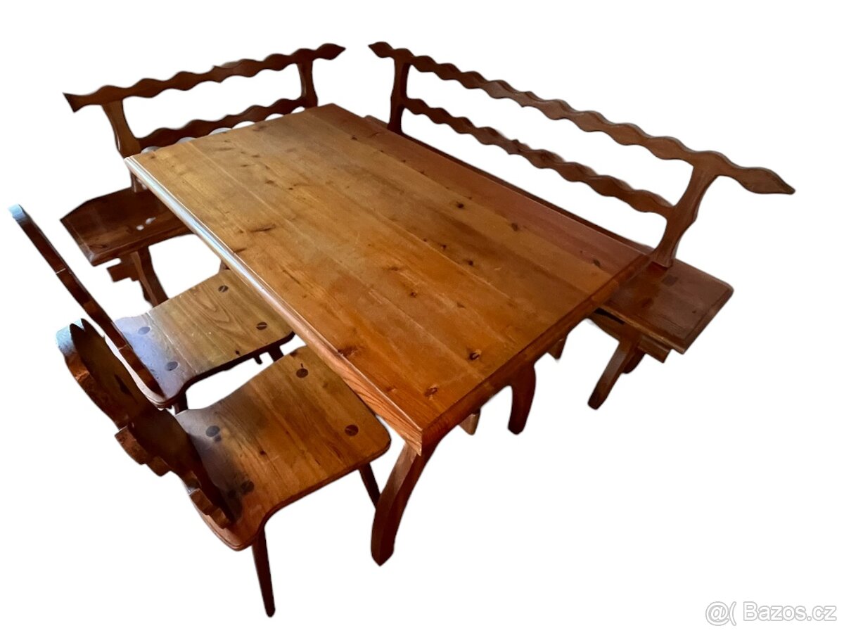 Starožitný chalupářský stůl, lavice, židle - 4