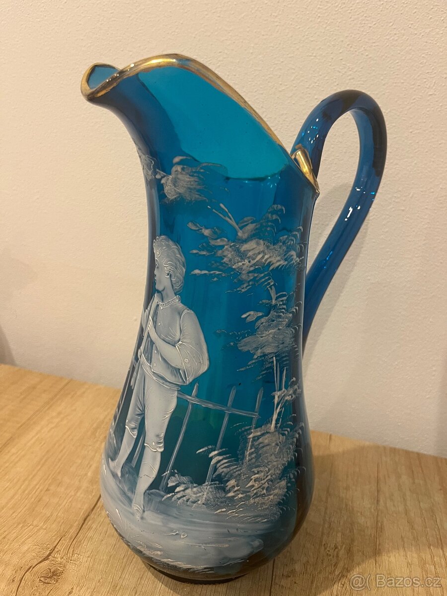 Starožitný modrý džbán s ruční malbou - 4
