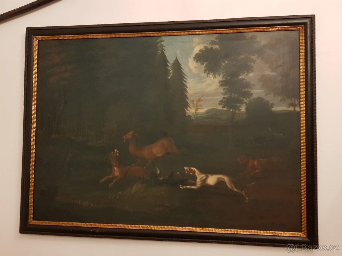 Historický lovecký obraz 150x90 cm 18 století zlatý rám olej - 4