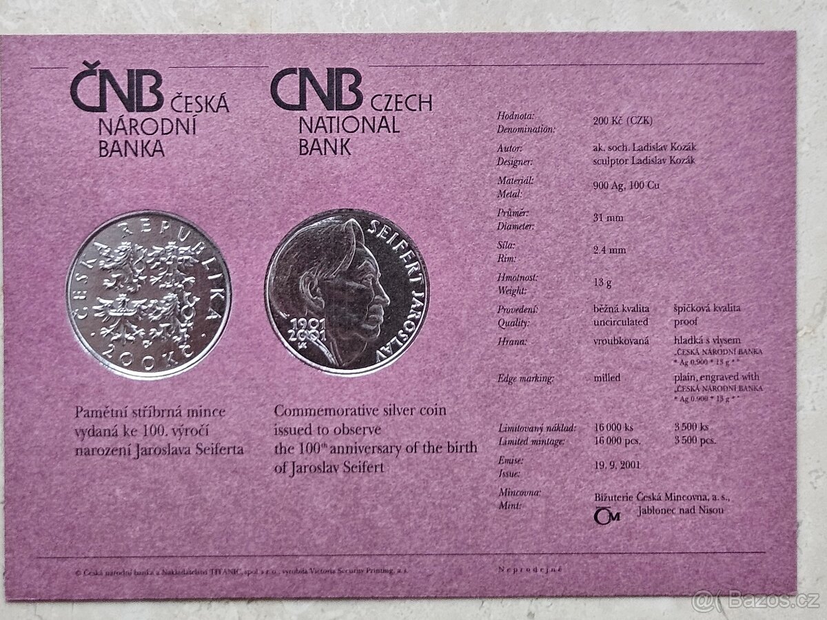 200 Kč 2001 - Jaroslav Seifert PROOF - stříbrná mince - 4