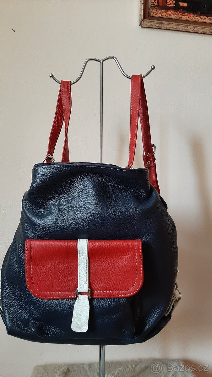 Kabelka - batoh kožená, modro-červená - 4