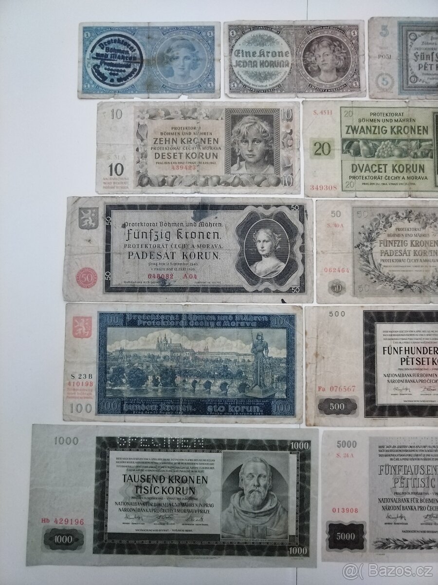 Bankovky Československo - sada ČSR - Protektorát - válka - 4