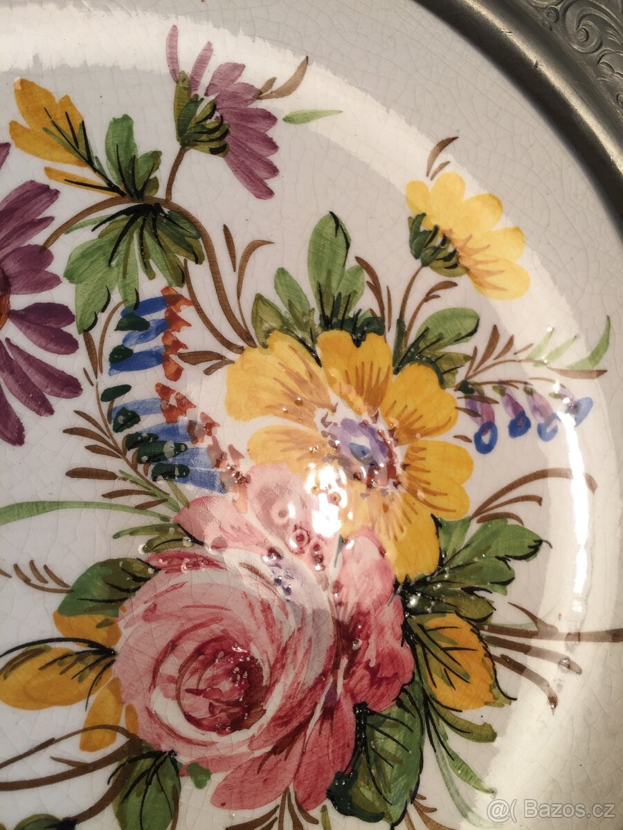 cínový talíř majolika a masivní montáž cín punc anděl - 4