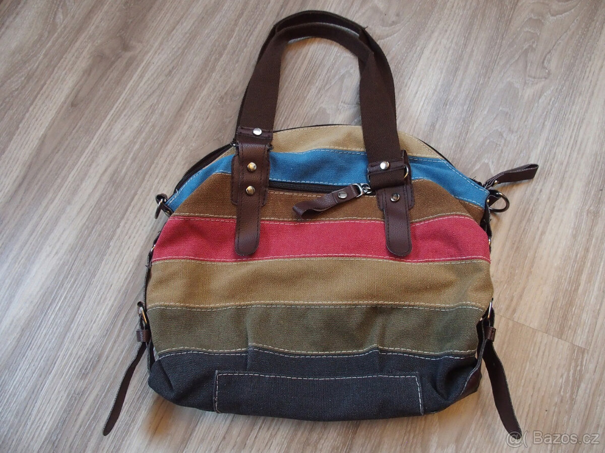 Pruhovaná látková kabelka hnědo-khaki-růžovo-modrá - 4