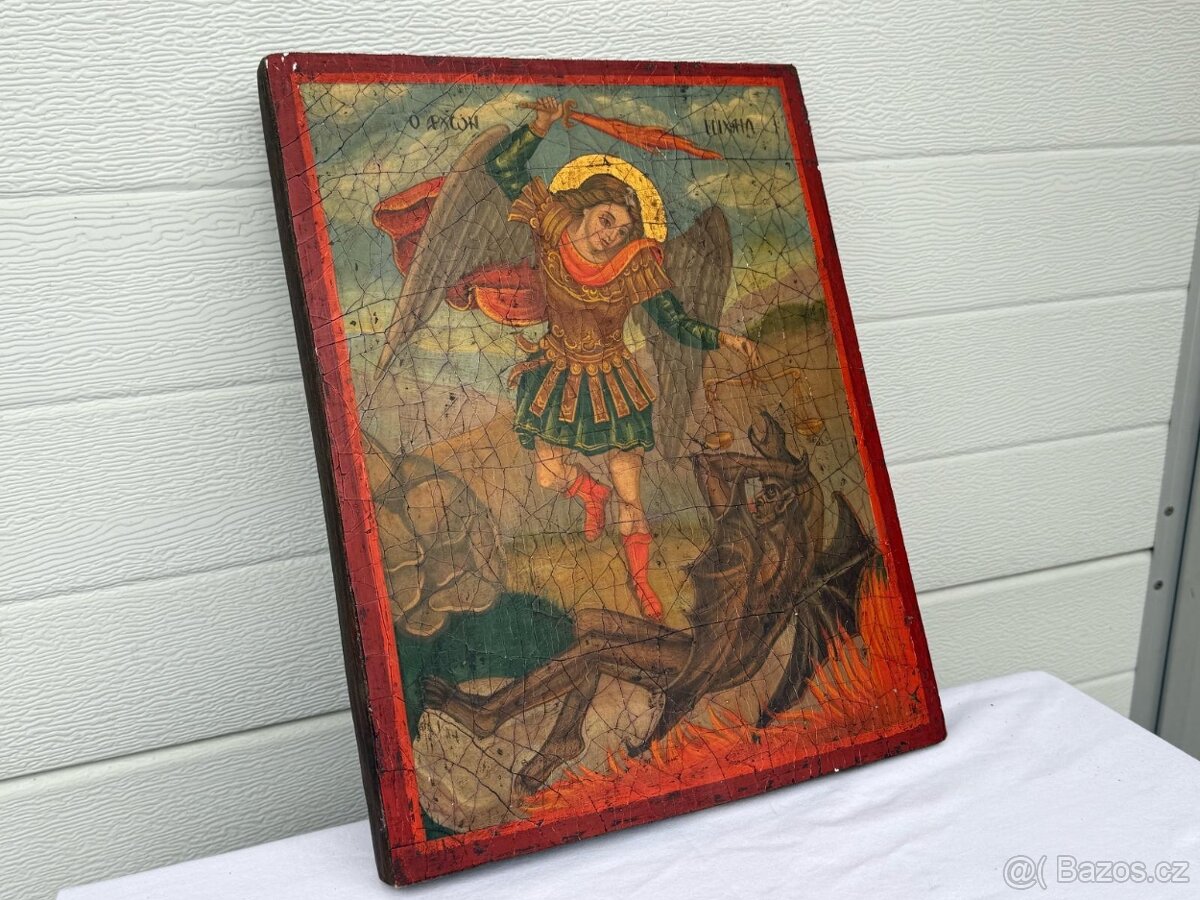 Starožitný XXL malovaný obraz na dřevě Archanděl Michael - 4