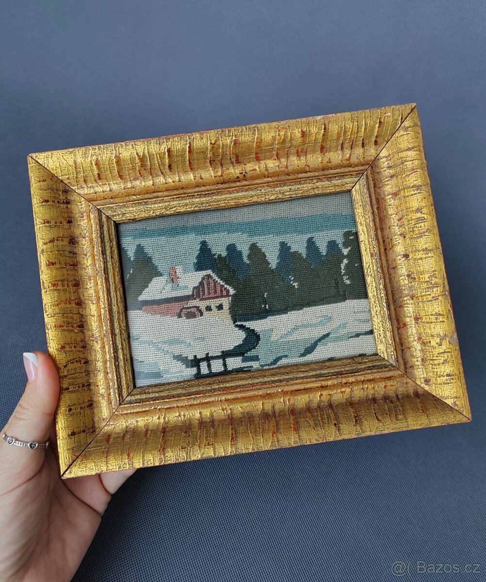 Starožitná gobélínová výšivka v luxusním zlatém rámu - 4