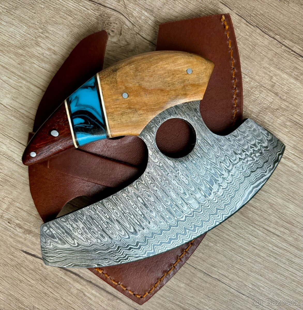 ručně kovaná Damašková sekera VALHALLA s koženým pouzdrem - 4