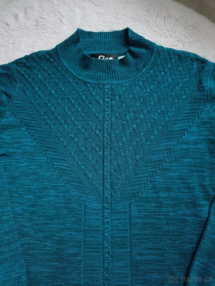 Dámský žíhaný tyrkysový svetr s plastickým vzorem L - 4