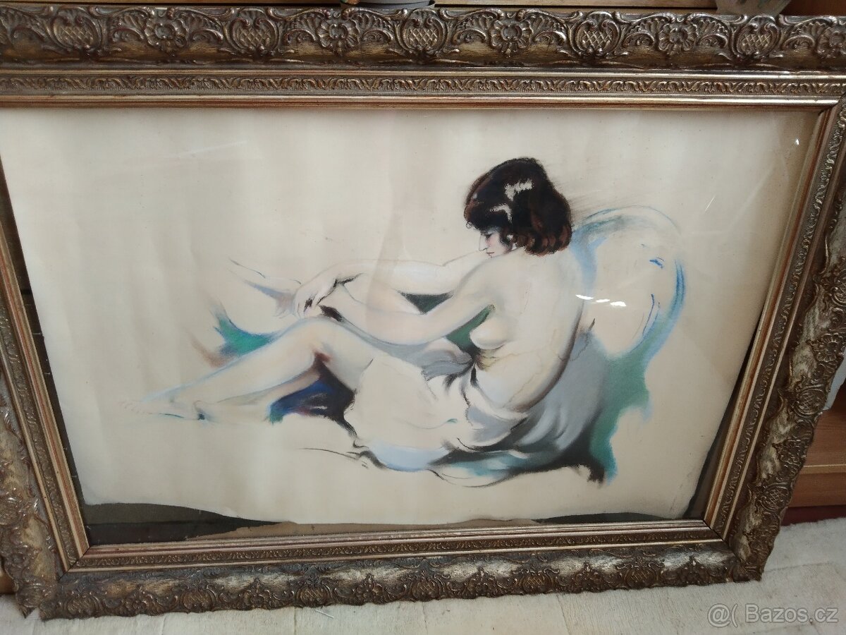 Prodám starý obraz akt ženy kresba papir - 4
