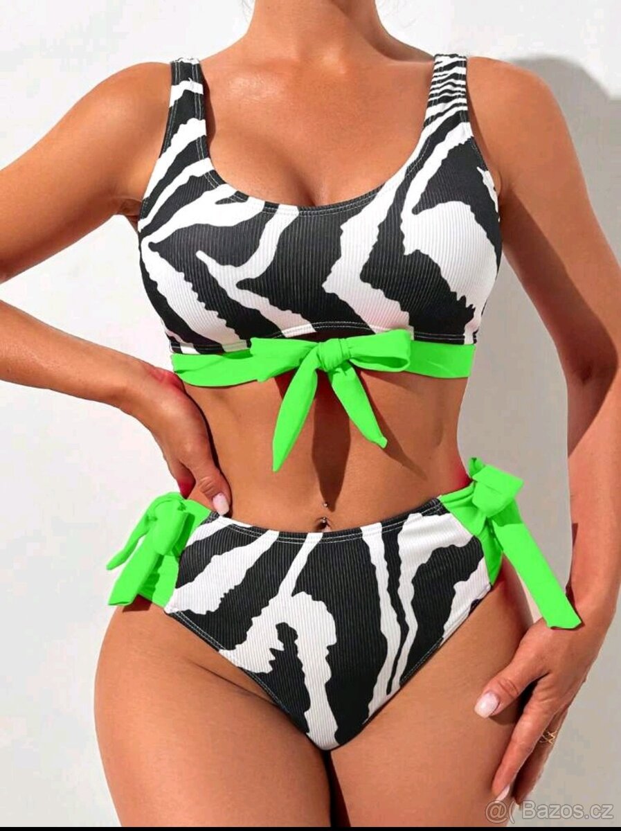 Dámské černobílé plavky s zeleným vázáním - 4