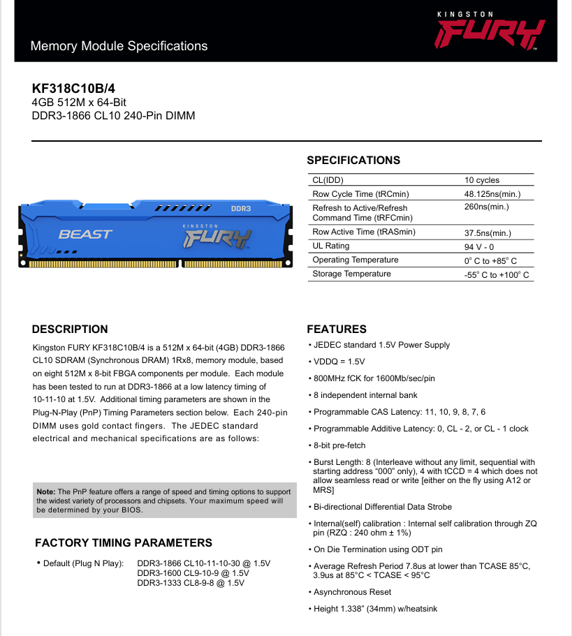 4x4GB 16GB DDR3 1866 Fury Beast nové nerozbalené - 4