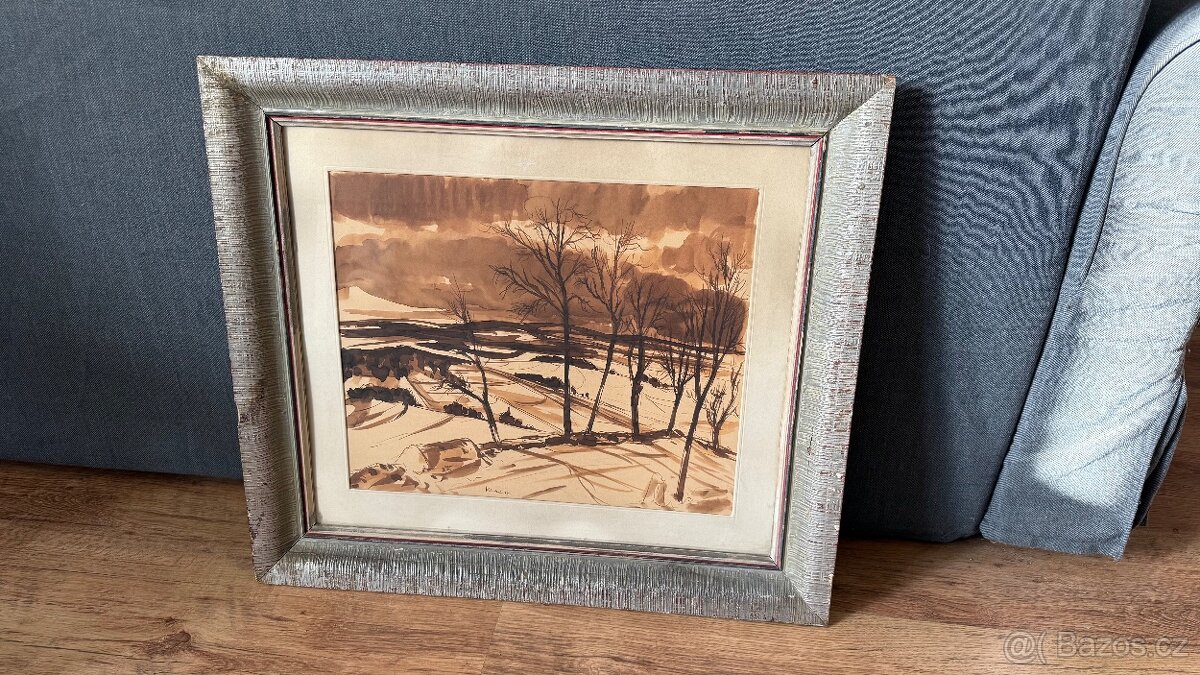 🖼️ Akvarel – zimnĂ krajina, signováno KracĂk, pĹŻv. rám - 4