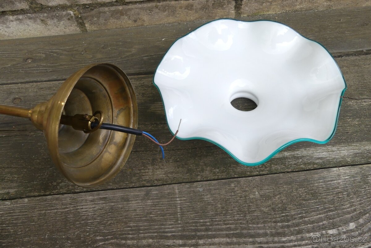 Starožitný lustr, stropnice , zelená linka, mosaz sklo - 4