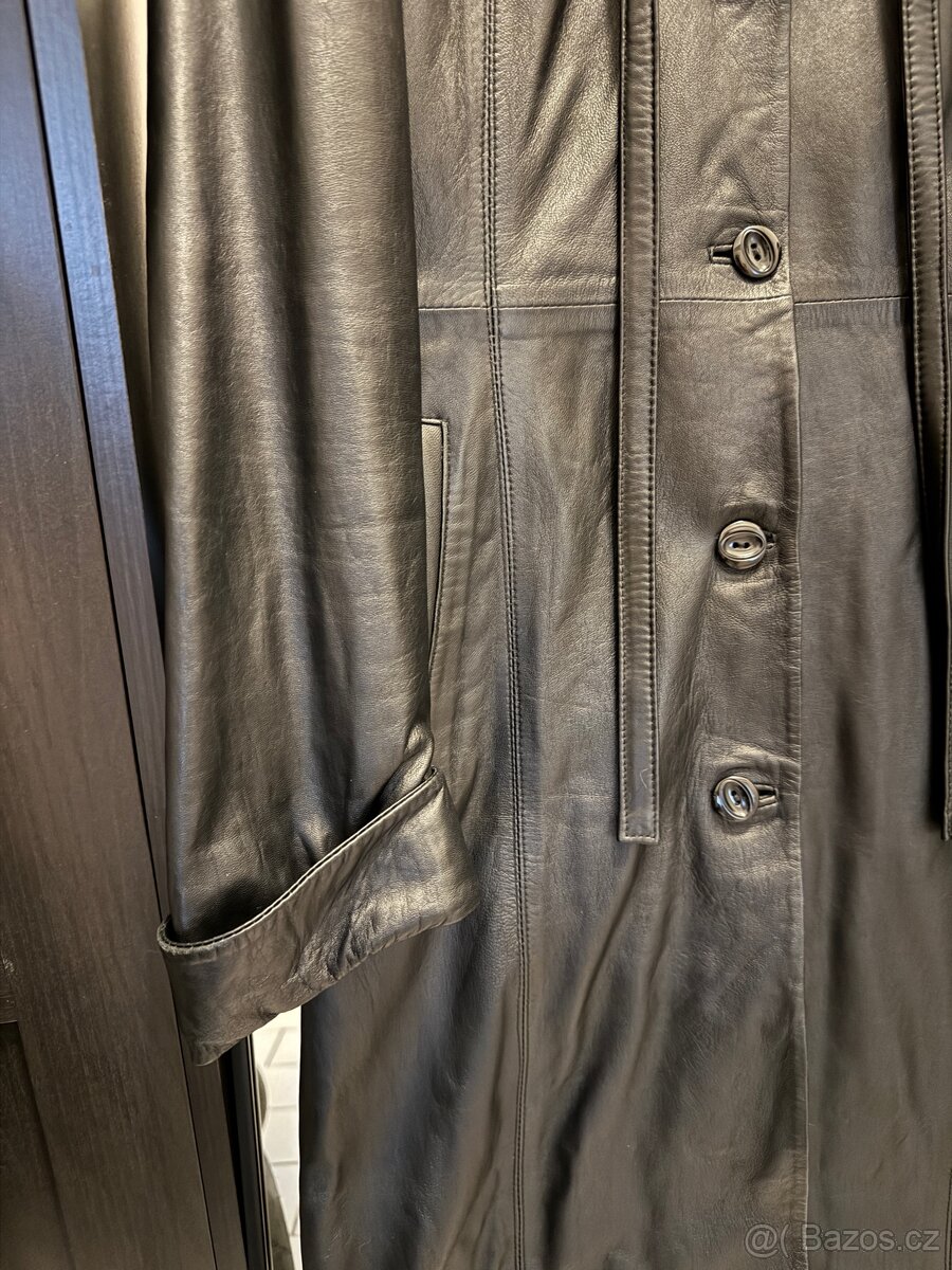 Dlouhá retro kožená bunda / trenčkot / leather coat - 4