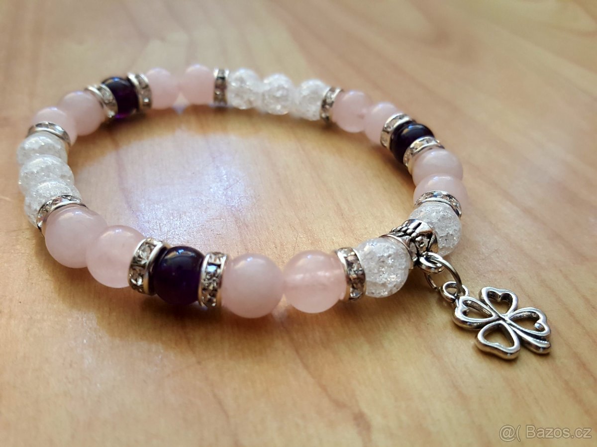 nový náramek polodrahokam minerál růženín křišťál ametyst - 4