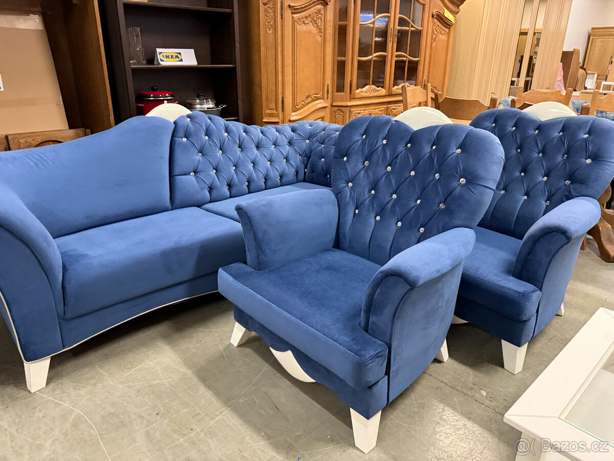 Modrá souprava 3+1+1 v Glamour Miladi stylu - 4