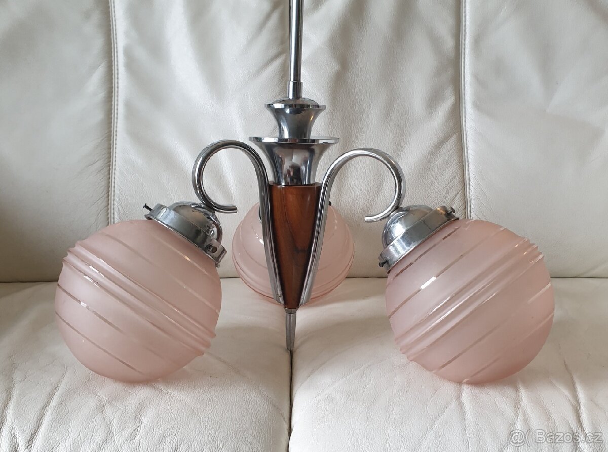 Starožitný lustr art deco na tyči dřevěná část růž - 4