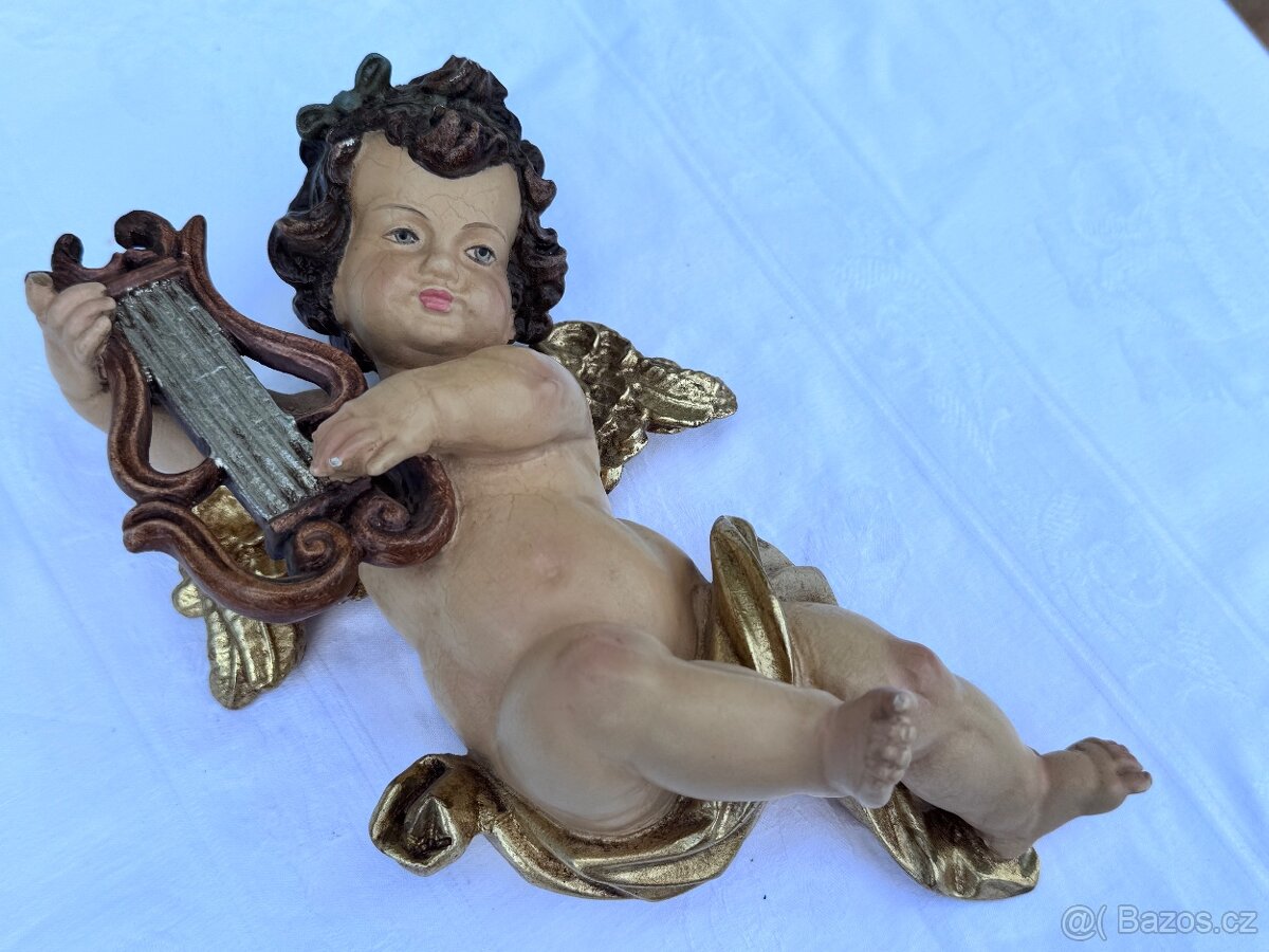 Krásný baculatý dřevěný anděl socha polychromie - 4