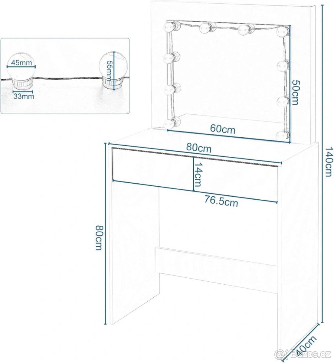 EUGAD Toaletní stolek s LED osvětlení, 80 x 40 cm - 4