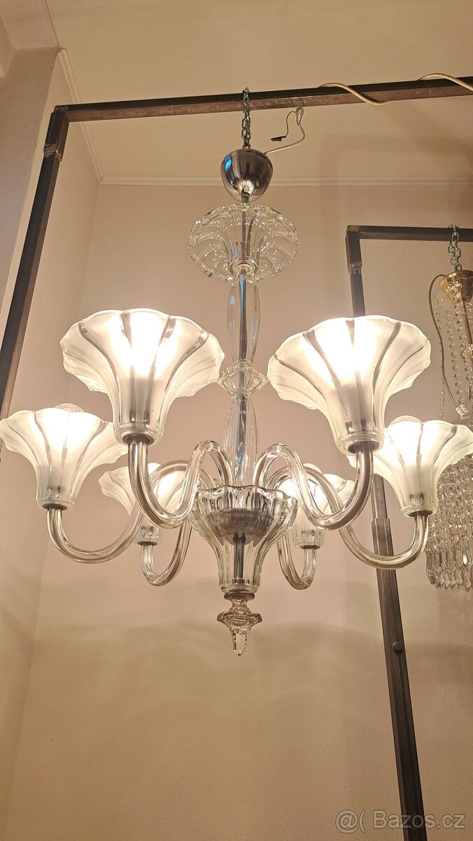 Art Deko, starožitný celoskleněný lustr, osvětlení - 4