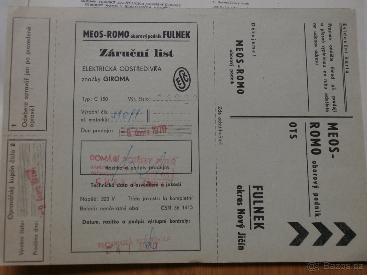 Návod, účet a záruční list na odstředivka GIROMA C 150. 1970 - 4