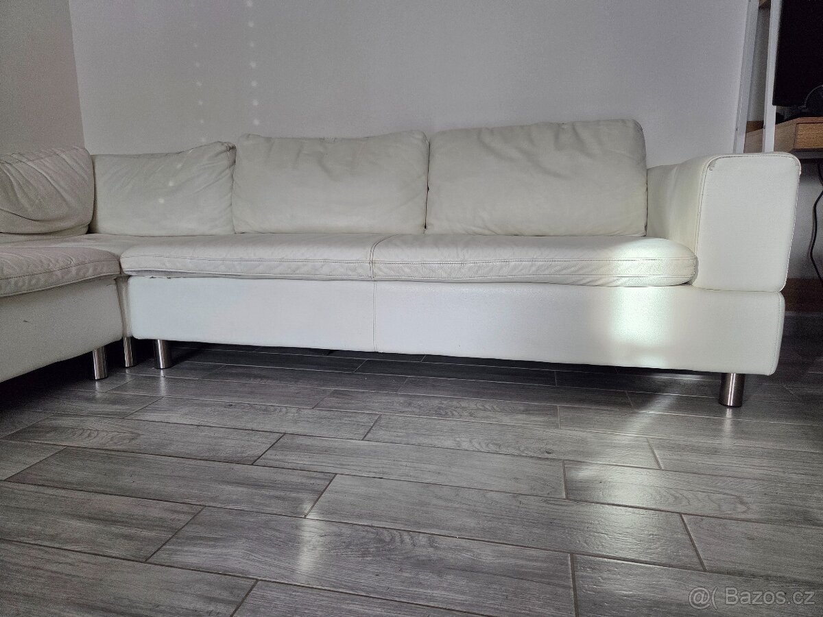 Gauč do U, sedací souprava do U, bily, kožený, - 4