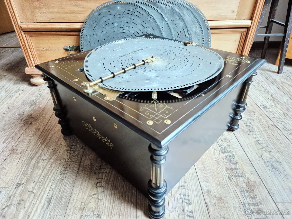 Velký starožitný hrací stroj, flašinet na kliku Amorette - 4