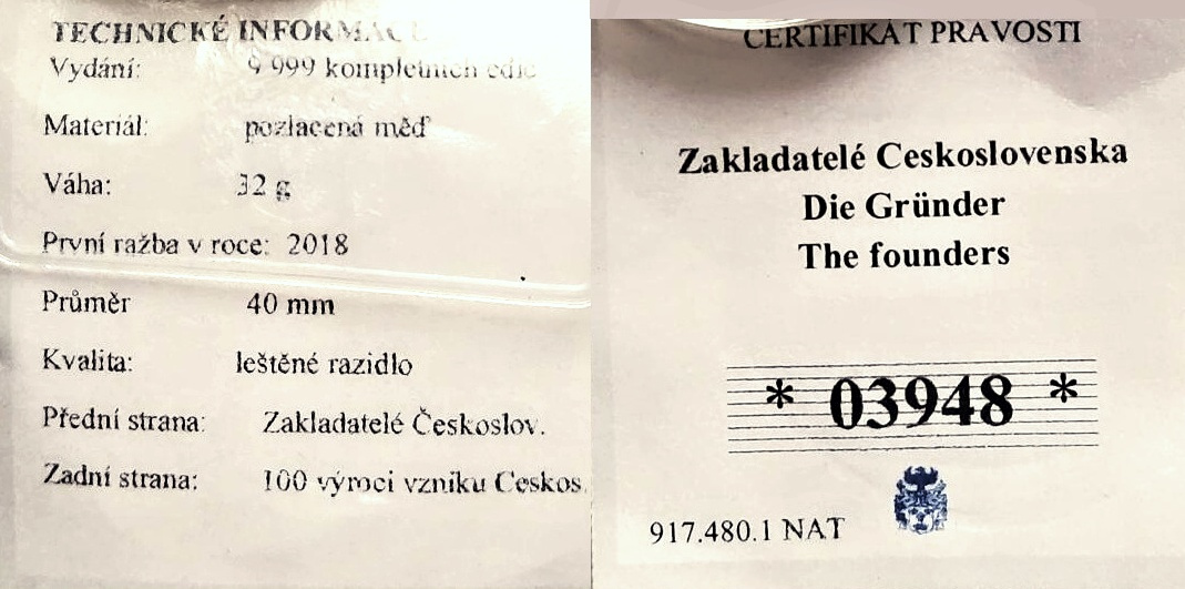 Sběratelská sada 100 let ČSR 1ks zlato a 6ks pozlac.měď - 4