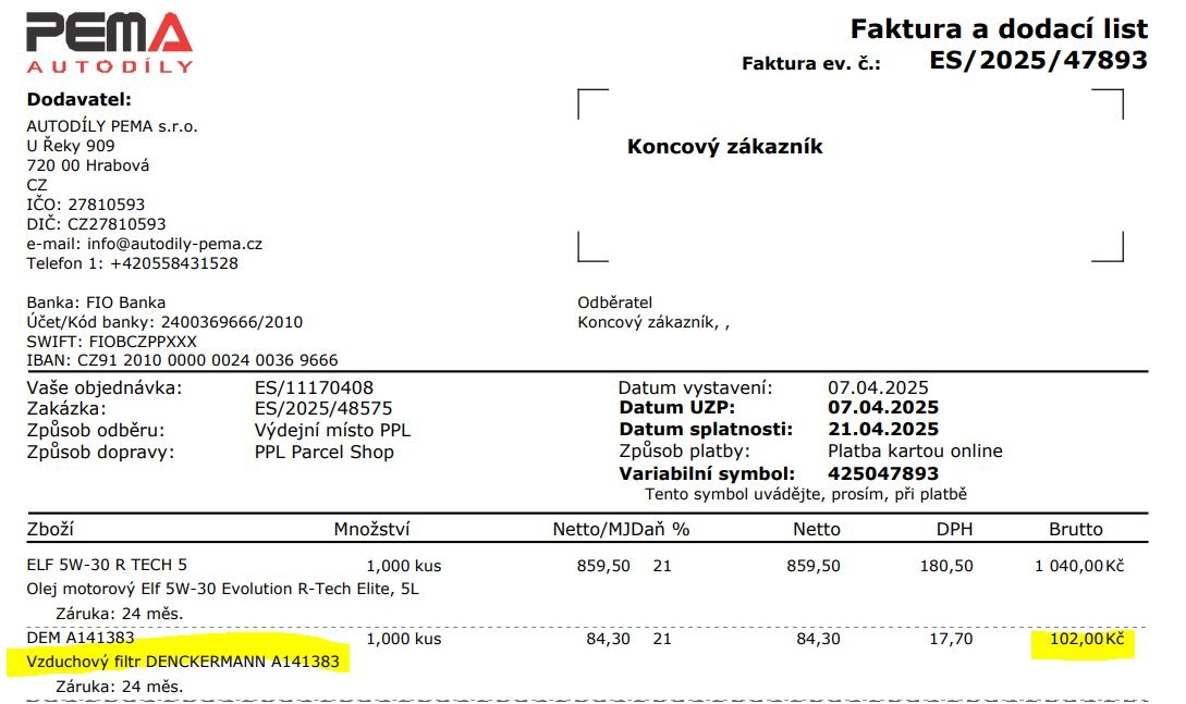 Vzduchový filtr DENCKERMANN A141383 - 4