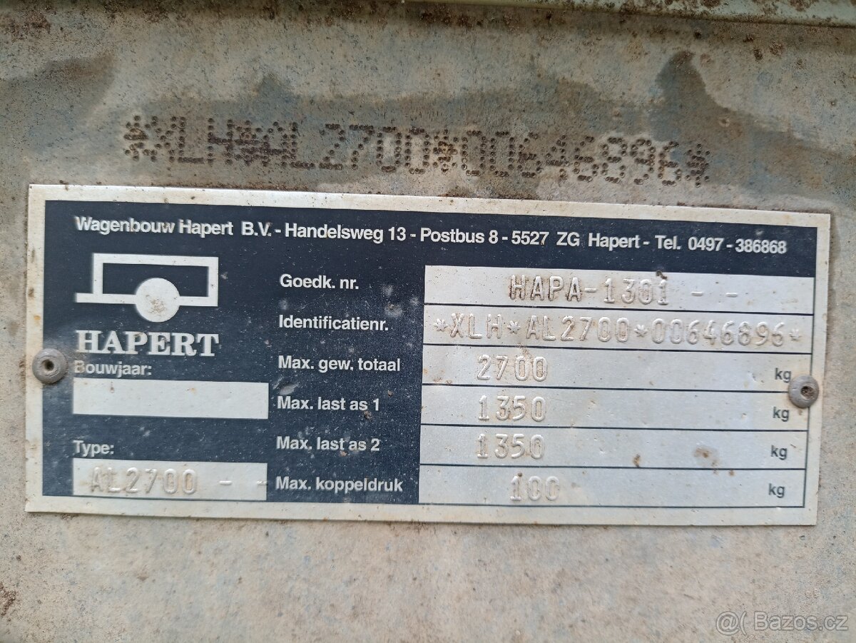 přívěsný brzděný vozejk Hapert 2700 kg 4,6x2 - 4