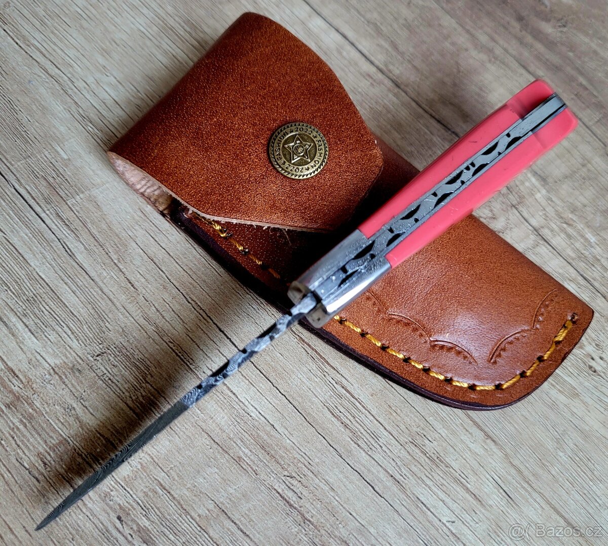 růžový Damaškový nůž CLASSIC 16,5cm, ručně vyroben + pouzdro - 4