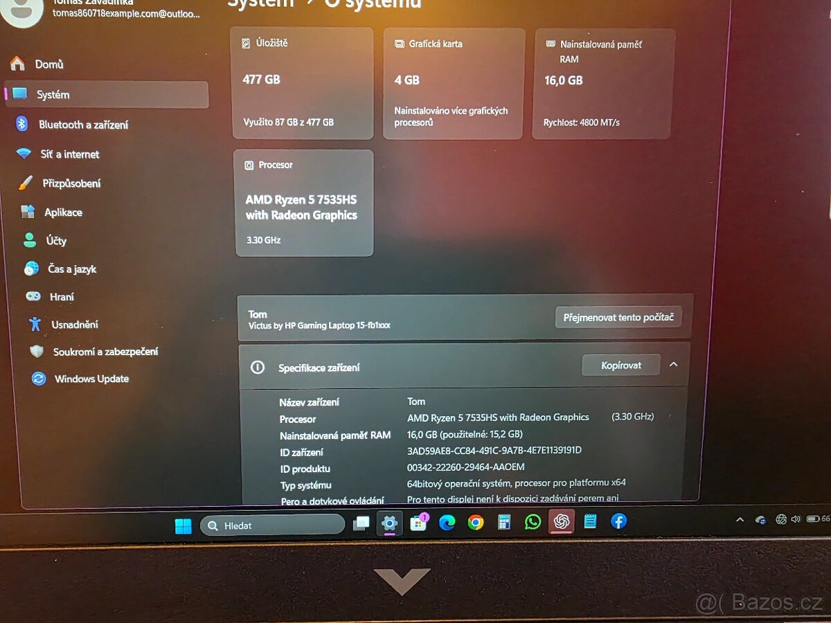 Notebook HP Victus 15, top stav , záruka rok - 4