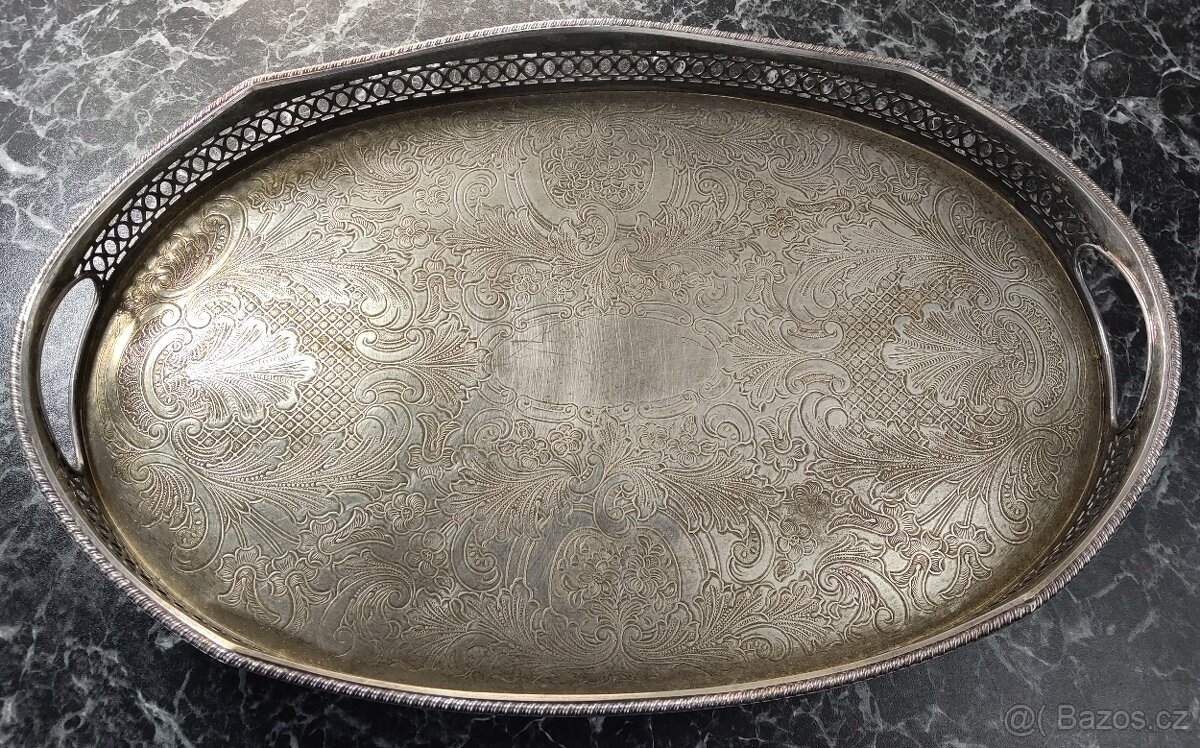 ALPAKA Starožitný okrasný oválný tác. 883g, 36cm x 24cm - 4