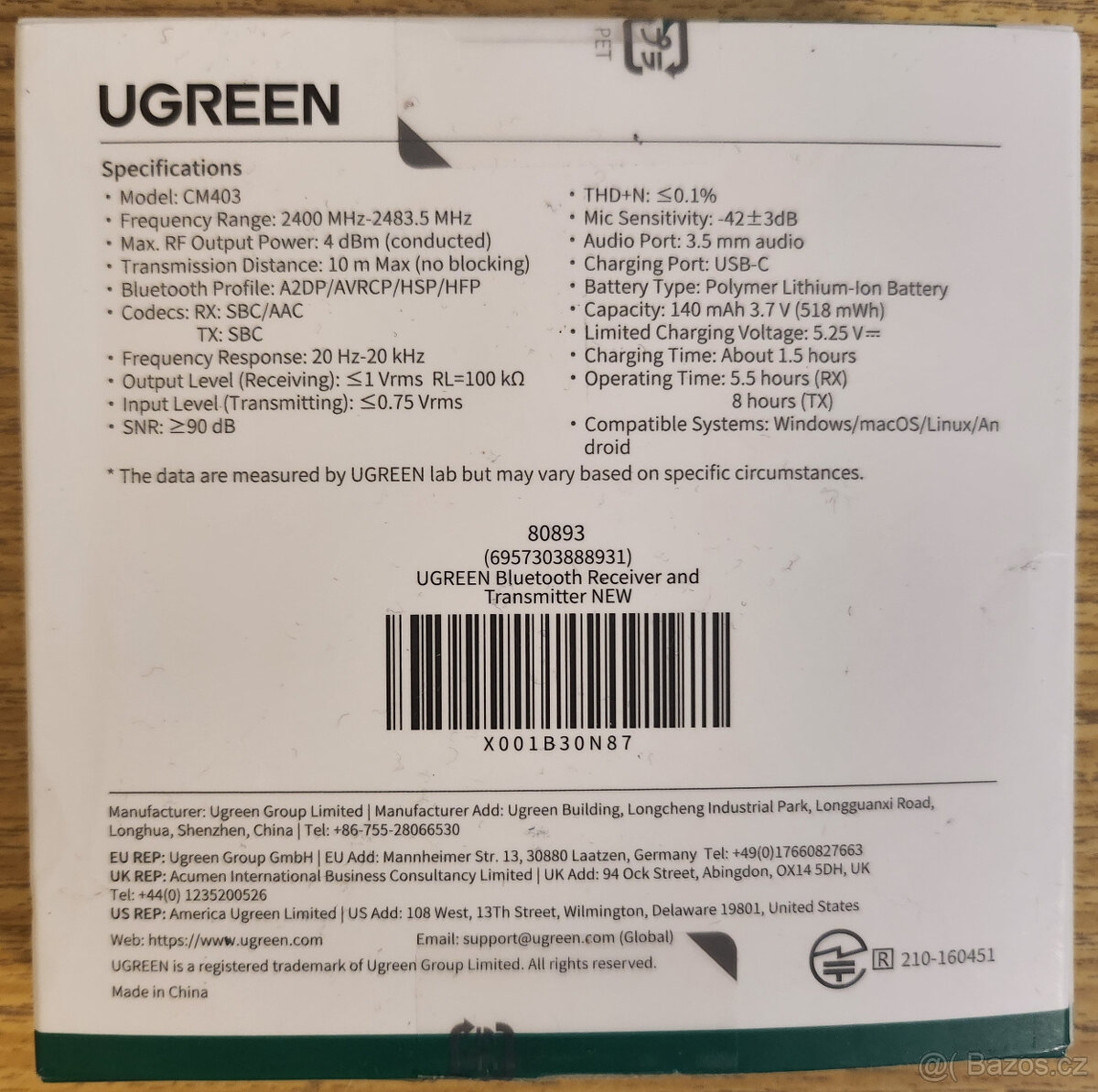 Bluetooth adaptér 2 v 1, Ugreen CM403, Přijímač, Vysílač - 4