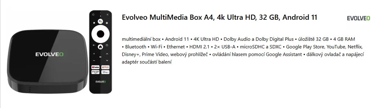 Evolveo Multi Media Box A4, 4k Ultra HD, 32 GB, Android 11 - 4