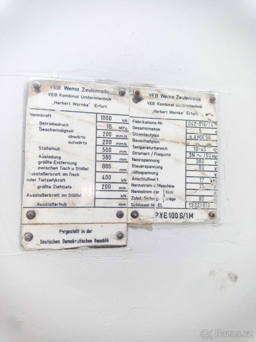 lis hydraulicky ZEULENDORA, typ PYE 100 S/1M - 4