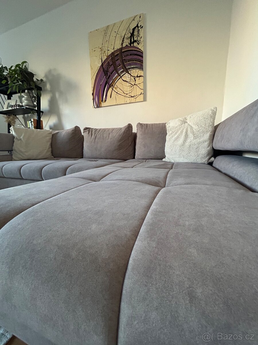 Rohová sedací souprava, světle šedá látka, pravý roh - 4
