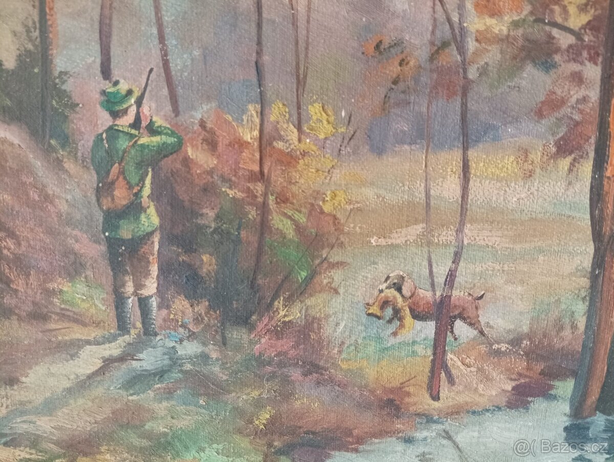 OBRAZ OLEJ NA KARTONU LOVECKÝ MOTIV SIGNATURA NEČITELNÁ - 4