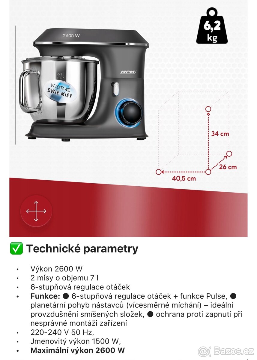 Kuchyňský planetární robot 2 misky v sadě MPM MRK-20 2600 W - 4