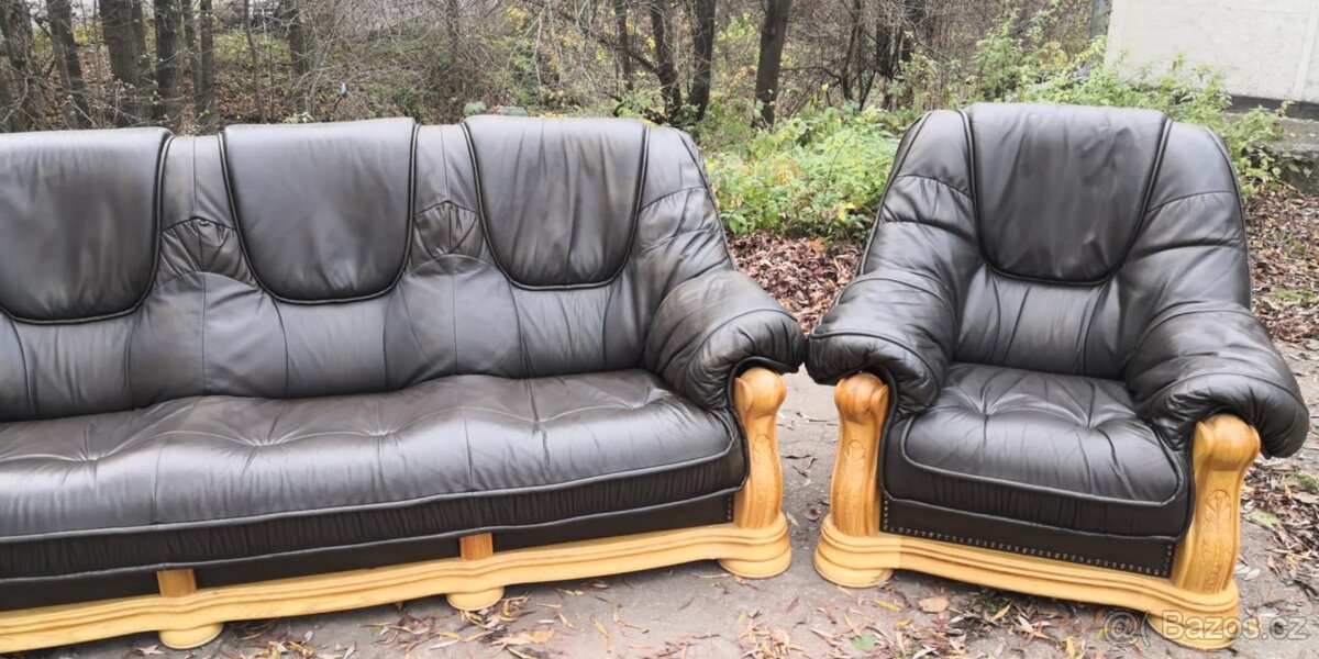 Kožená sedací souprava 3+1+1 s masivnim dubovým dřevem - 4