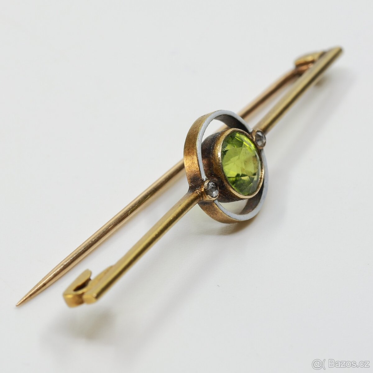 Zlatá brož s olivínem a diamantovými routy v původní etue - 4